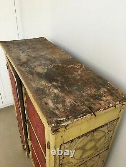 Antique Primitive Folk Art Pie Safe Punched Tin Original Red Yellow Paint Stars