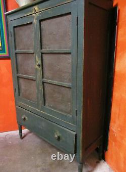 Antique Primitive Green Punched Tin Pie Safe Mid-Late 1800s, Northeast Americana