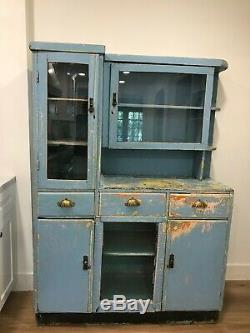 Antique Primitive Hutch Blue Chippy Patina Cupboard Step Back Farmhouse Cabinet