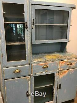 Antique Primitive Hutch Blue Chippy Patina Cupboard Step Back Farmhouse Cabinet