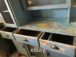 Antique Primitive Hutch Blue Chippy Patina Cupboard Step Back Farmhouse Cabinet