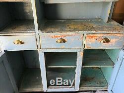 Antique Primitive Hutch Blue Chippy Patina Cupboard Step Back Farmhouse Cabinet