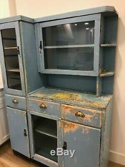 Antique Primitive Hutch Blue Chippy Patina Cupboard Step Back Farmhouse Cabinet