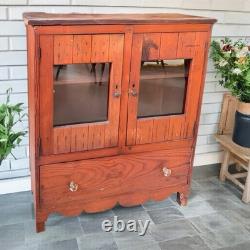Antique Primitive Pine Cupboard with Glass Doors & Large Drawer -Country Farmhouse