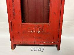 Antique Primitive Wood Cabinet Medicine First Aid Old Red Paint Glass Door 28