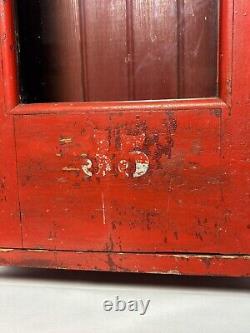 Antique Primitive Wood Cabinet Medicine First Aid Old Red Paint Glass Door 28