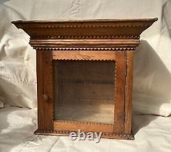 Antique Primitive Wood Tramp Art Folk Art Medicine Cabinet Box Case Glass Door