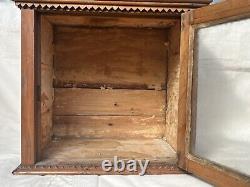 Antique Primitive Wood Tramp Art Folk Art Medicine Cabinet Box Case Glass Door