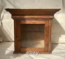 Antique Primitive Wood Tramp Art Folk Art Medicine Cabinet Box Case Glass Door