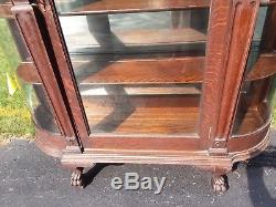 Antique Quarter Sawn Carved Oak Curved Glass China Cabinet Claw Feet 72 Tall