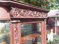 Antique Quarter Sawn Carved Oak Curved Glass China Cabinet Claw Feet 72 Tall
