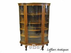 Antique Quarter Sawn Oak Curved Glass China Curio Cabinet