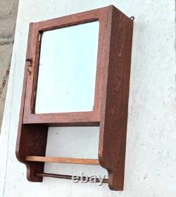 Antique QuarterSawn Oak Medicine Apothecary Cabinet withBeveled Mirror Towel & Key