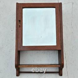 Antique QuarterSawn Oak Medicine Apothecary Cabinet withBeveled Mirror Towel & Key