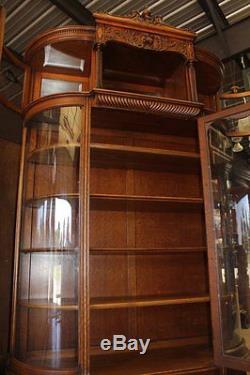 Antique Quartersawn Oak 4 Curve Glass Carved Canopy Face Clawfoot China Cabinet