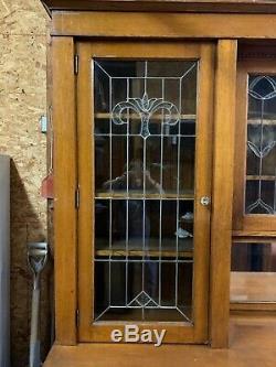 Antique Quartersawn Oak Back Bar / Leaded Glass Cabinet Doors/ Original Hdwre