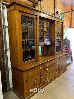Antique Quartersawn Oak Back Bar / Leaded Glass Cabinet Doors/ Original Hdwre