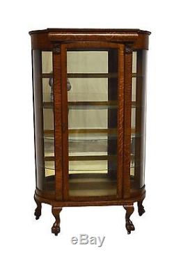 Antique Quartersawn Oak Bowed Curved China Display Cabinet Curio Mirrored Back