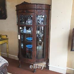 Antique Quartersawn Oak Curio with Leaded Glass