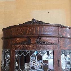 Antique Quartersawn Oak Curio with Leaded Glass