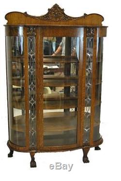 Antique Quartersawn Oak Leaded & Beveled Curved Glass China Cabinet