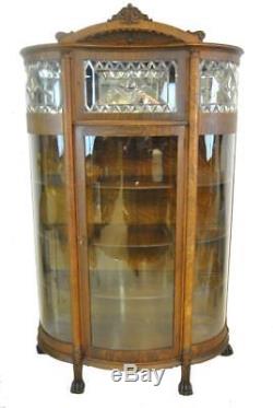 Antique Quartersawn Oak Leaded Beveled Curved Glass China Cabinet