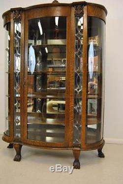 Antique Quartersawn Oak Leaded & Beveled Curved Glass China Cabinet