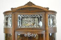 Antique Quartersawn Oak Leaded Beveled Curved Glass China Cabinet