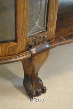 Antique Quartersawn Oak Leaded & Beveled Curved Glass China Cabinet