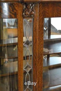 Antique Quartersawn Oak Leaded & Beveled Curved Glass China Cabinet