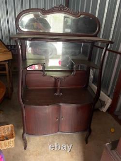 Antique Red Wood Display Cabinet With Mirror