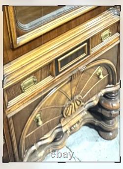 Antique Renaissance Style Burled Walnut Glass Display Cabinet With Drawers