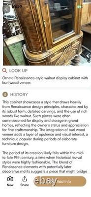 Antique Renaissance Style Burled Walnut Glass Display Cabinet With Drawers