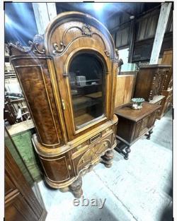 Antique Renaissance Style Burled Walnut Glass Display Cabinet With Drawers