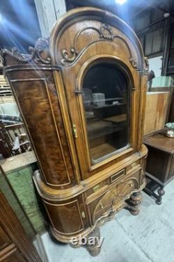 Antique Renaissance Style Burled Walnut Glass Display Cabinet With Drawers