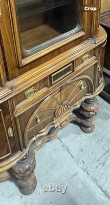 Antique Renaissance Style Burled Walnut Glass Display Cabinet With Drawers