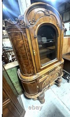 Antique Renaissance Style Burled Walnut Glass Display Cabinet With Drawers