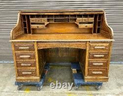Antique Roll Top Secretary Desk 66 Solid Wood Oak S Curved card catalog vintage
