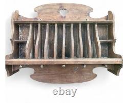 Antique Rustic Colonial Plate/ Cup Rack 8 Slots 4 Cup Cubby 5 Peg Kitchen Decor