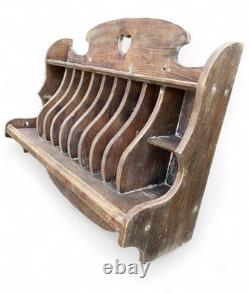 Antique Rustic Colonial Plate/ Cup Rack 8 Slots 4 Cup Cubby 5 Peg Kitchen Decor
