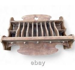 Antique Rustic Colonial Plate/ Cup Rack 8 Slots 4 Cup Cubby 5 Peg Kitchen Decor
