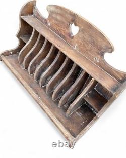 Antique Rustic Colonial Plate/ Cup Rack 8 Slots 4 Cup Cubby 5 Peg Kitchen Decor