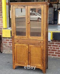 Antique Rustic Oak Glass Door Kitchen Hallway Cabinet Cupboard c1900