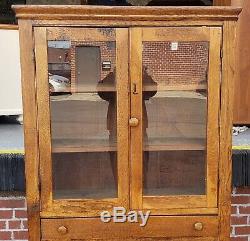 Antique Rustic Oak Glass Door Kitchen Hallway Cabinet Cupboard c1900