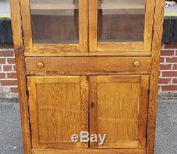 Antique Rustic Oak Glass Door Kitchen Hallway Cabinet Cupboard c1900