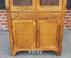 Antique Rustic Oak Glass Door Kitchen Hallway Cabinet Cupboard c1900