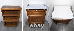 Antique Rustic Primitive Wood Rolling Hoosier Kitchen Hutch Cabinet Metal Tray