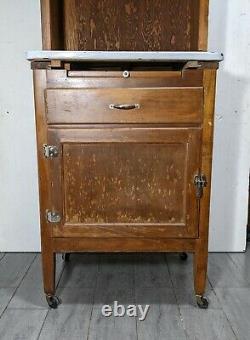 Antique Rustic Primitive Wood Rolling Hoosier Kitchen Hutch Cabinet Metal Tray