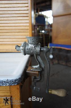 Antique Sellers Kitchen Cabinet Oak Hoosier Cupboard Grinder Rack Slag Glass
