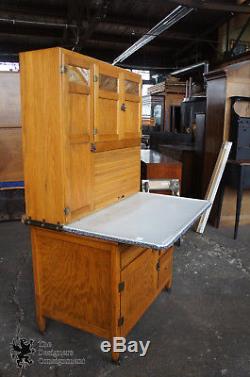 Antique Sellers Kitchen Cabinet Oak Hoosier Cupboard Grinder Rack Slag Glass
